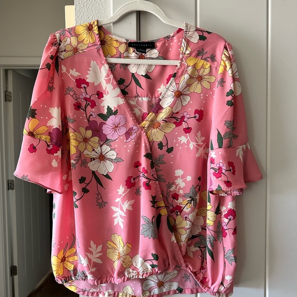 Blouse HONEYME CURVY XL Manches Ballon Rose/blanc/noir - Occasion Très Bon état